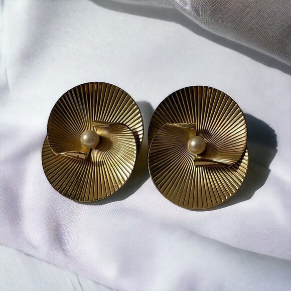 VTG Napier Sterling Layered Faux Pearl Earrings Gold Tone Atomic Modernist‎ MCM main image 2